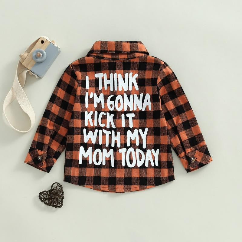 Toddler Baby Fall Shirts Long Sleeve Button down Plaid Letter Print Top Coat Casual Clothes for Boys Girls