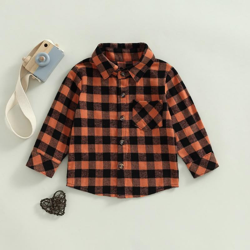 Toddler Baby Fall Shirts Long Sleeve Button down Plaid Letter Print Top Coat Casual Clothes for Boys Girls