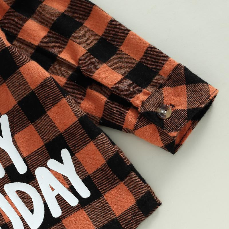 Toddler Baby Fall Shirts Long Sleeve Button down Plaid Letter Print Top Coat Casual Clothes for Boys Girls