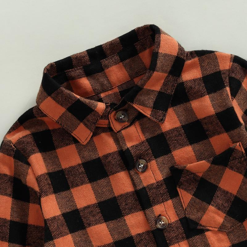 Toddler Baby Fall Shirts Long Sleeve Button down Plaid Letter Print Top Coat Casual Clothes for Boys Girls