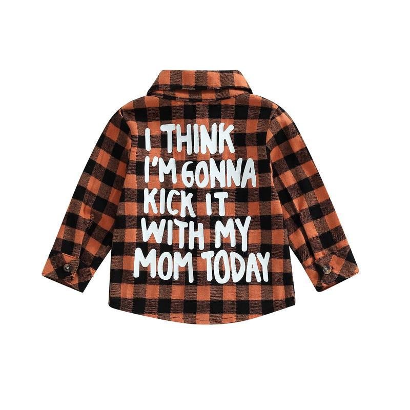 Toddler Baby Fall Shirts Long Sleeve Button down Plaid Letter Print Top Coat Casual Clothes for Boys Girls