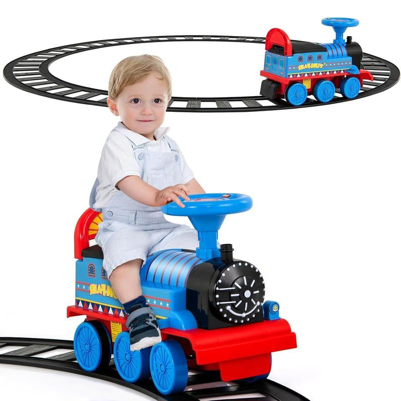 Costzon 6V Electric Ride on Train with 16 Track Pieces, Toddler Ride-On Train Set with Flashing Light, Storage Seat & Anti-Tilt Device,Playable without Tracks, Gift for Boys Girls