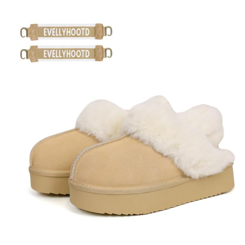 EVELLYHOOTD Women'S Chestnut Genuine Leather Platform Slippers with White Fur Lining Non-Slip Casual Winter House Shoes for Everyday Use