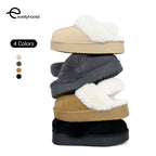 EVELLYHOOTD Women'S Chestnut Genuine Leather Platform Slippers with White Fur Lining Non-Slip Casual Winter House Shoes for Everyday Use