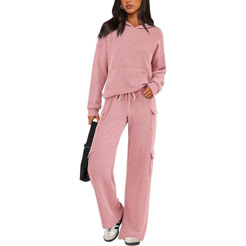 Prettygarden Womens Fall Outfit 2-Piece Knitted Sets Hoodie Tracksuits Wide Leg Pants with Pocket and Drawstring Long Sleeve Hooded Kangoroo Pocket Tops Knitwear Sporty Loungwear, Womenswear Travel Outfit
