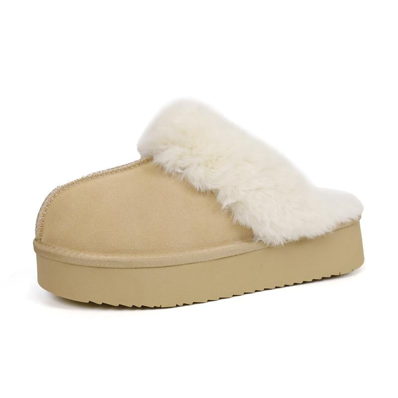 EVELLYHOOTD Women'S Chestnut Genuine Leather Platform Slippers with White Fur Lining Non-Slip Casual Winter House Shoes for Everyday Use