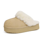 EVELLYHOOTD Women'S Chestnut Genuine Leather Platform Slippers with White Fur Lining Non-Slip Casual Winter House Shoes for Everyday Use