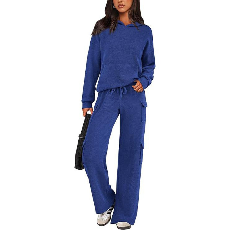 Prettygarden Womens Fall Outfit 2-Piece Knitted Sets Hoodie Tracksuits Wide Leg Pants with Pocket and Drawstring Long Sleeve Hooded Kangoroo Pocket Tops Knitwear Sporty Loungwear, Womenswear Travel Outfit