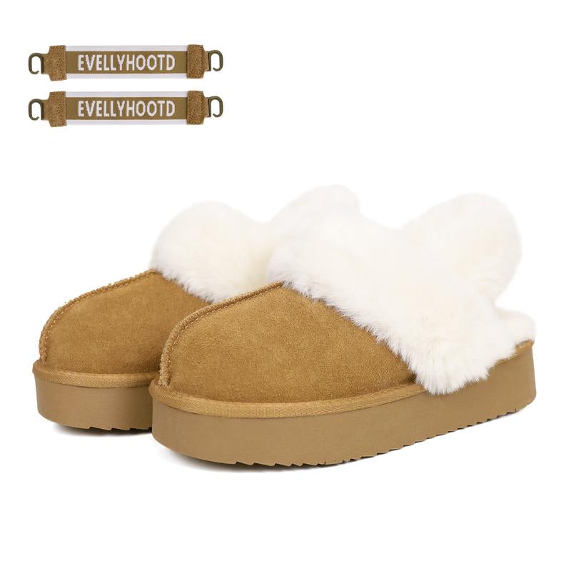 EVELLYHOOTD Women'S Chestnut Genuine Leather Platform Slippers with White Fur Lining Non-Slip Casual Winter House Shoes for Everyday Use