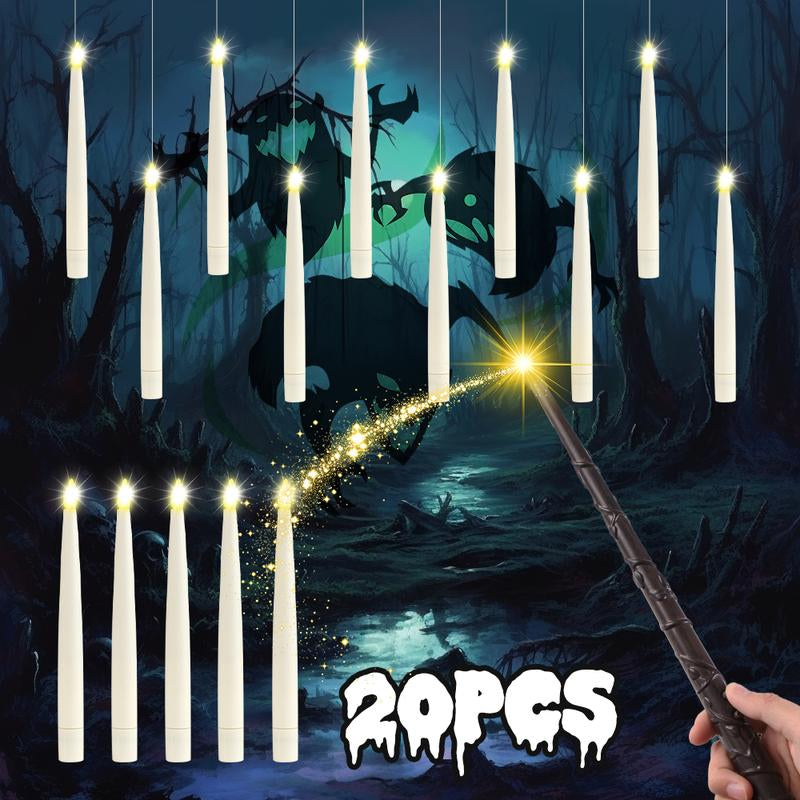 20 Pack Hanging Taper Candles with 6H Timer, Floating Flameless LED Candles with Wand Remote – 164Ft Fishing Line, Hooks – Magic Wand Candles for Halloween, Christmas, Party, Bedroom Decorations