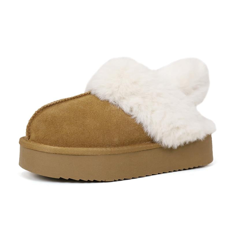 EVELLYHOOTD Women'S Chestnut Genuine Leather Platform Slippers with White Fur Lining Non-Slip Casual Winter House Shoes for Everyday Use