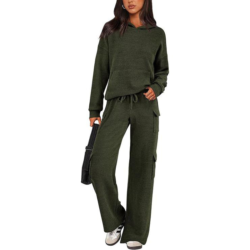 Prettygarden Womens Fall Outfit 2-Piece Knitted Sets Hoodie Tracksuits Wide Leg Pants with Pocket and Drawstring Long Sleeve Hooded Kangoroo Pocket Tops Knitwear Sporty Loungwear, Womenswear Travel Outfit