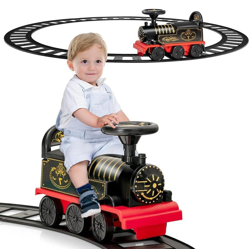 Costzon 6V Electric Ride on Train with 16 Track Pieces, Toddler Ride-On Train Set with Flashing Light, Storage Seat & Anti-Tilt Device,Playable without Tracks, Gift for Boys Girls