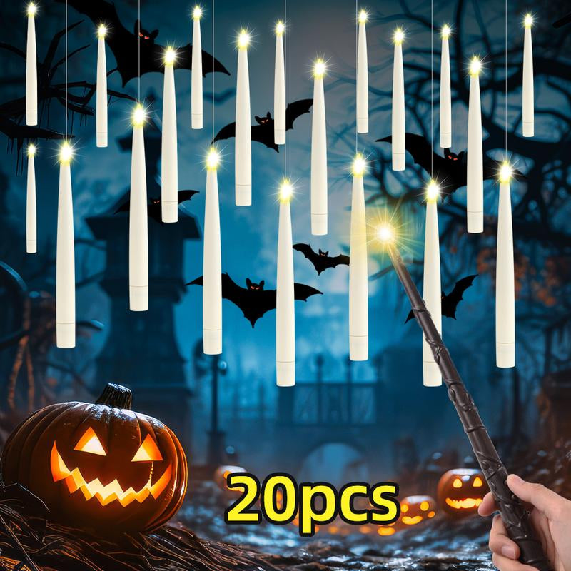 20 Pack Hanging Taper Candles with 6H Timer, Floating Flameless LED Candles with Wand Remote – 164Ft Fishing Line, Hooks – Magic Wand Candles for Halloween, Christmas, Party, Bedroom Decorations