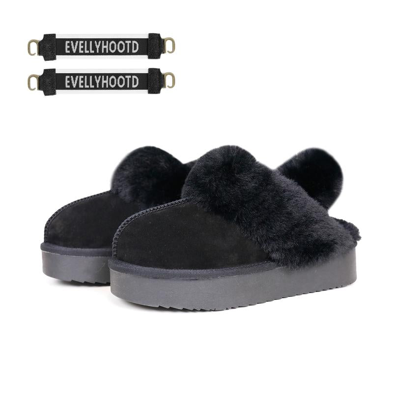 EVELLYHOOTD Women'S Chestnut Genuine Leather Platform Slippers with White Fur Lining Non-Slip Casual Winter House Shoes for Everyday Use
