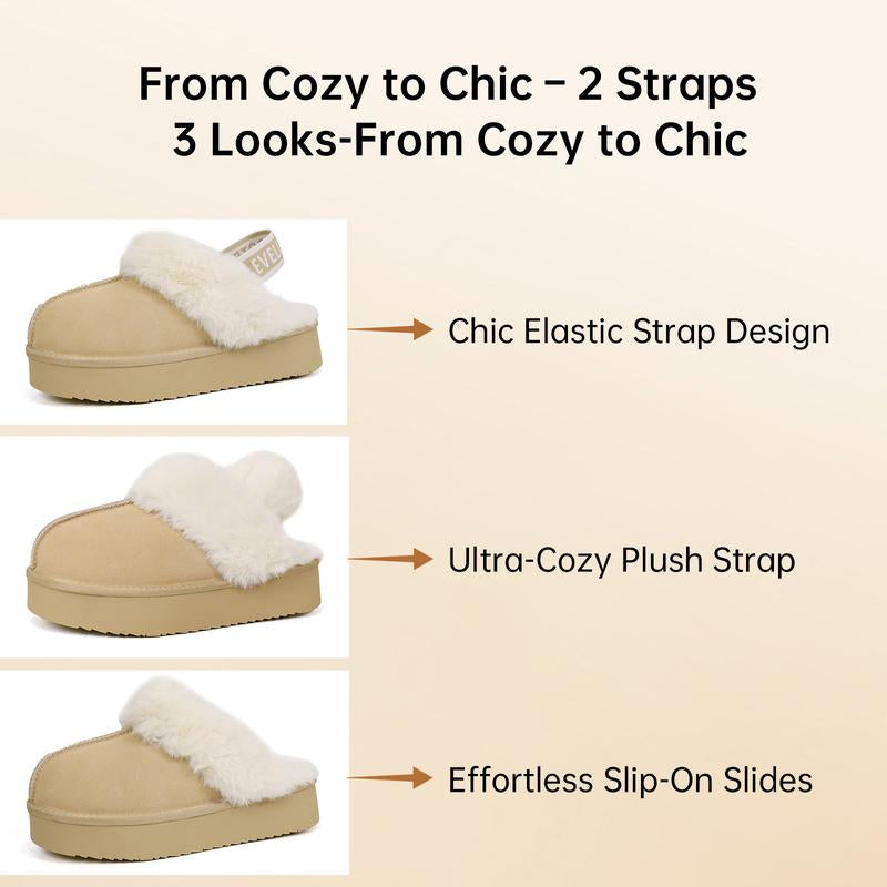 EVELLYHOOTD Women'S Chestnut Genuine Leather Platform Slippers with White Fur Lining Non-Slip Casual Winter House Shoes for Everyday Use