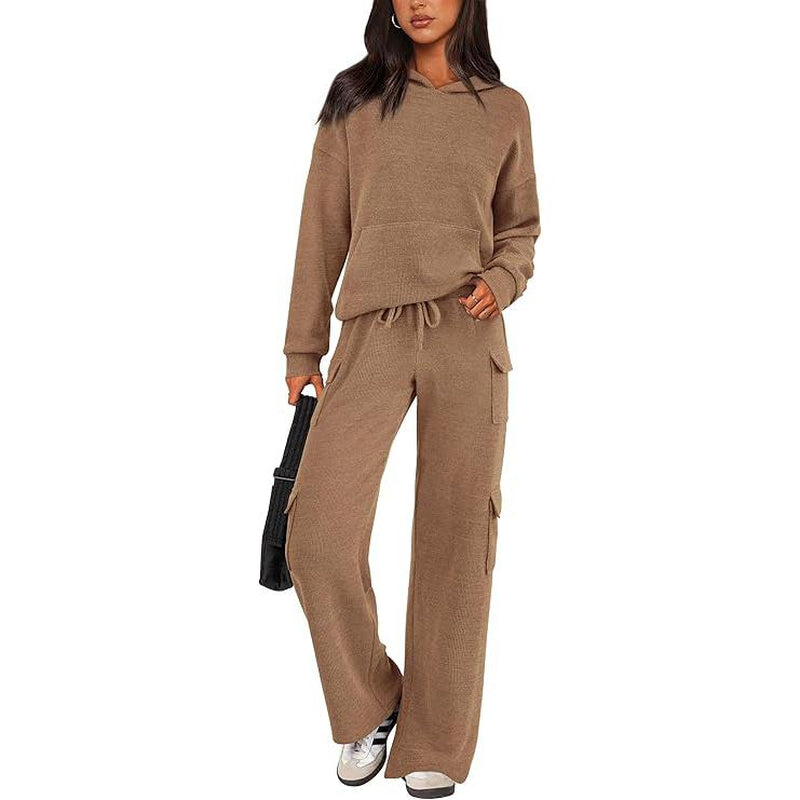 Prettygarden Womens Fall Outfit 2-Piece Knitted Sets Hoodie Tracksuits Wide Leg Pants with Pocket and Drawstring Long Sleeve Hooded Kangoroo Pocket Tops Knitwear Sporty Loungwear, Womenswear Travel Outfit