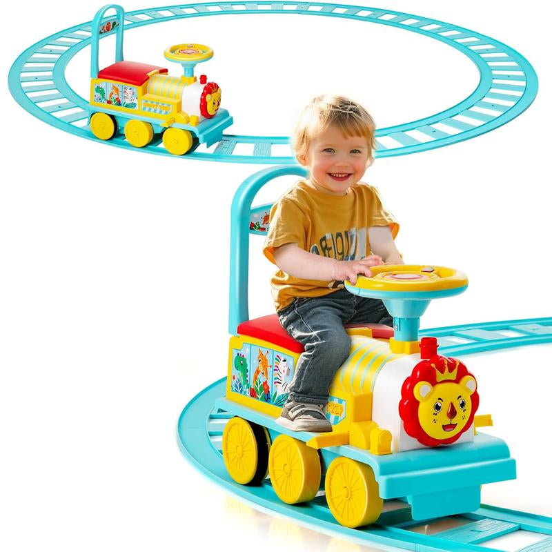 Costzon 6V Electric Ride on Train with 16 Track Pieces, Toddler Ride-On Train Set with Flashing Light, Storage Seat & Anti-Tilt Device,Playable without Tracks, Gift for Boys Girls