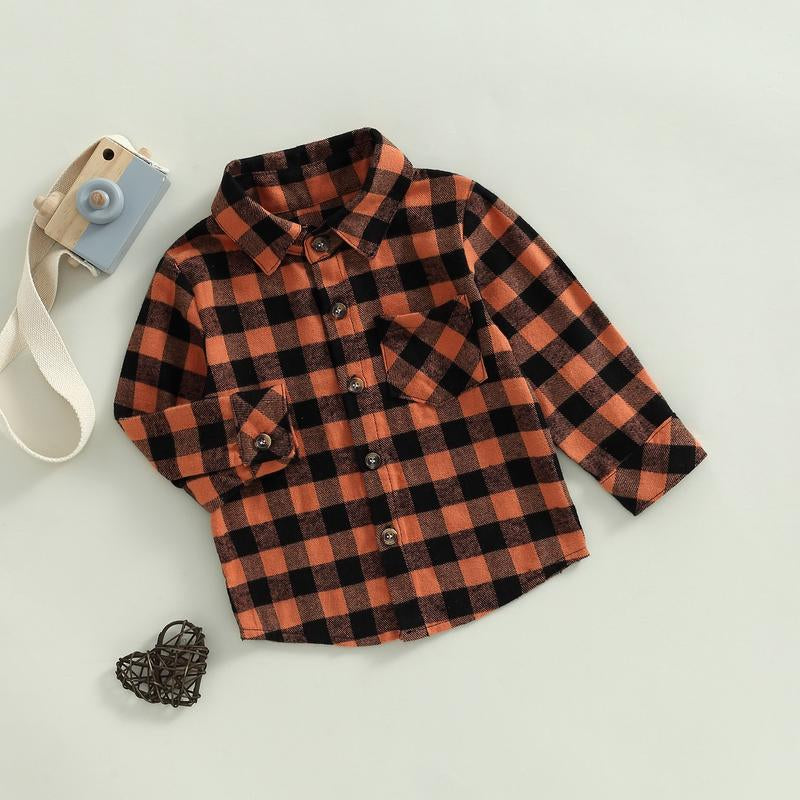 Toddler Baby Fall Shirts Long Sleeve Button down Plaid Letter Print Top Coat Casual Clothes for Boys Girls
