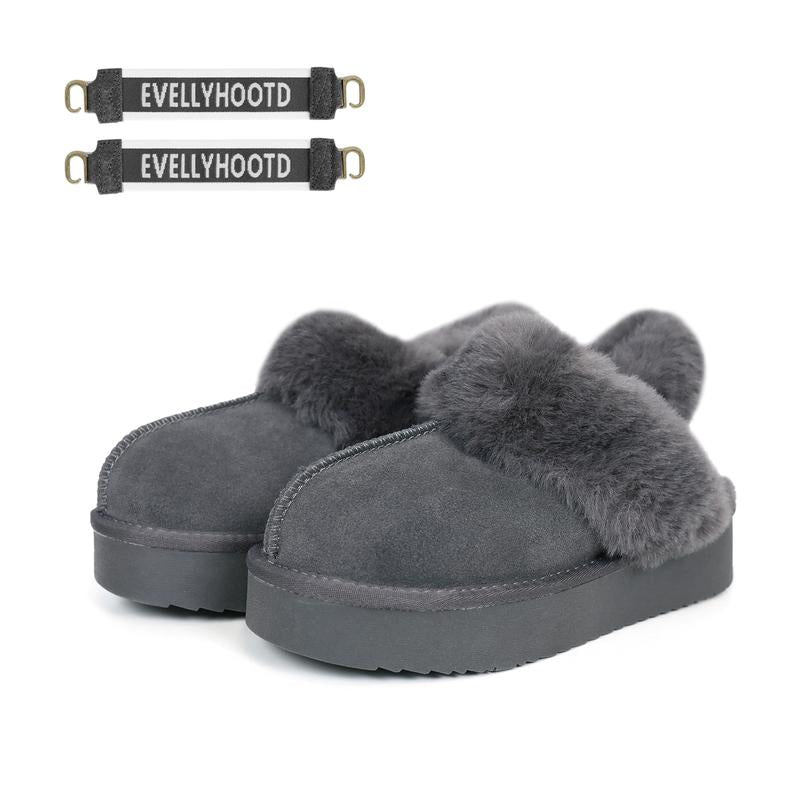 EVELLYHOOTD Women'S Chestnut Genuine Leather Platform Slippers with White Fur Lining Non-Slip Casual Winter House Shoes for Everyday Use
