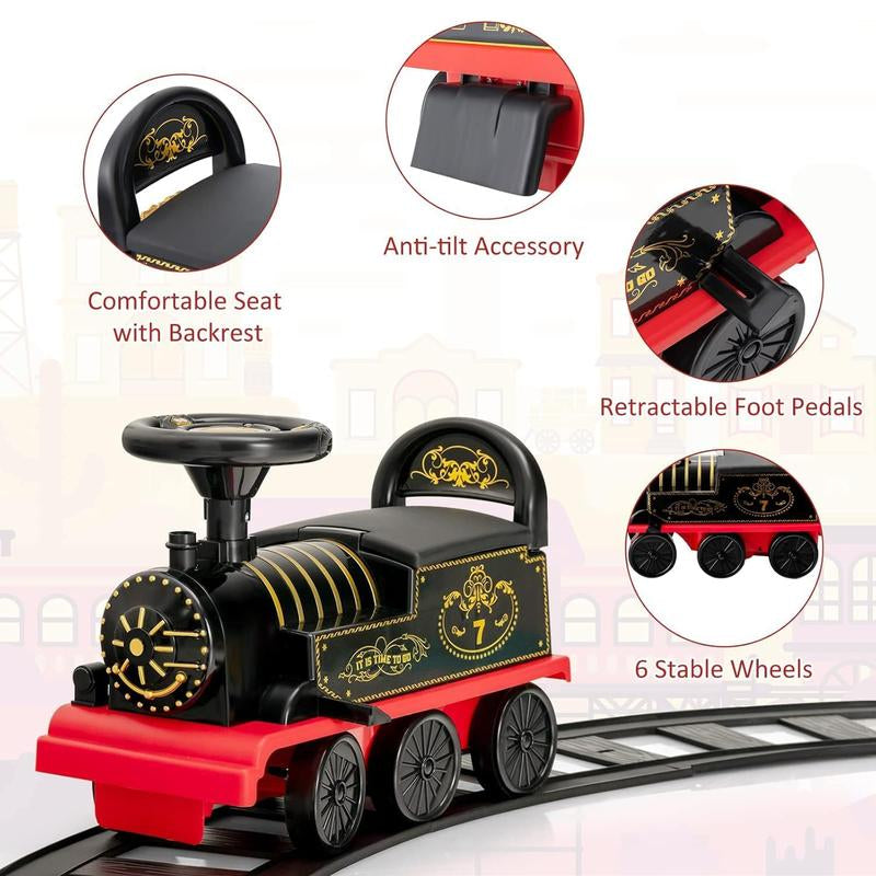 Costzon 6V Electric Ride on Train with 16 Track Pieces, Toddler Ride-On Train Set with Flashing Light, Storage Seat & Anti-Tilt Device,Playable without Tracks, Gift for Boys Girls
