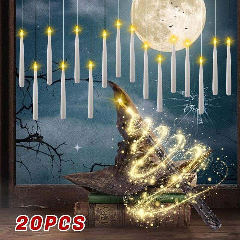 20 Pack Hanging Taper Candles with 6H Timer, Floating Flameless LED Candles with Wand Remote – 164Ft Fishing Line, Hooks – Magic Wand Candles for Halloween, Christmas, Party, Bedroom Decorations