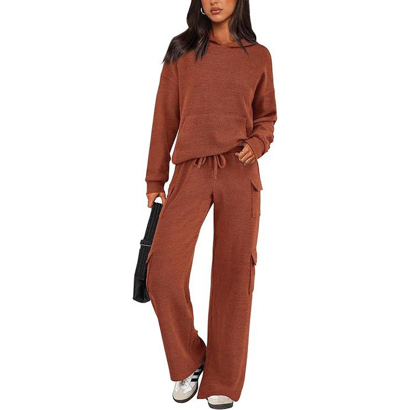 Prettygarden Womens Fall Outfit 2-Piece Knitted Sets Hoodie Tracksuits Wide Leg Pants with Pocket and Drawstring Long Sleeve Hooded Kangoroo Pocket Tops Knitwear Sporty Loungwear, Womenswear Travel Outfit
