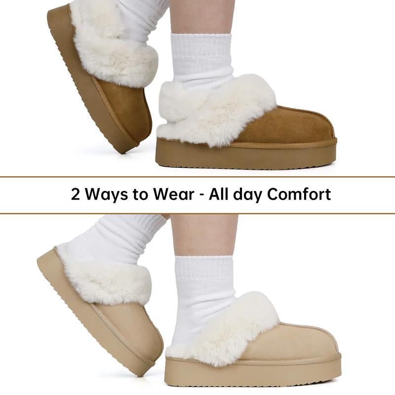 EVELLYHOOTD Women'S Chestnut Genuine Leather Platform Slippers with White Fur Lining Non-Slip Casual Winter House Shoes for Everyday Use