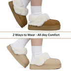 EVELLYHOOTD Women'S Chestnut Genuine Leather Platform Slippers with White Fur Lining Non-Slip Casual Winter House Shoes for Everyday Use
