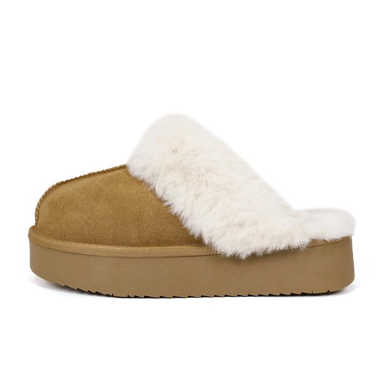 EVELLYHOOTD Women'S Chestnut Genuine Leather Platform Slippers with White Fur Lining Non-Slip Casual Winter House Shoes for Everyday Use