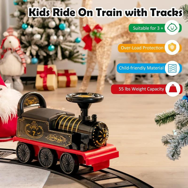 Costzon 6V Electric Ride on Train with 16 Track Pieces, Toddler Ride-On Train Set with Flashing Light, Storage Seat & Anti-Tilt Device,Playable without Tracks, Gift for Boys Girls